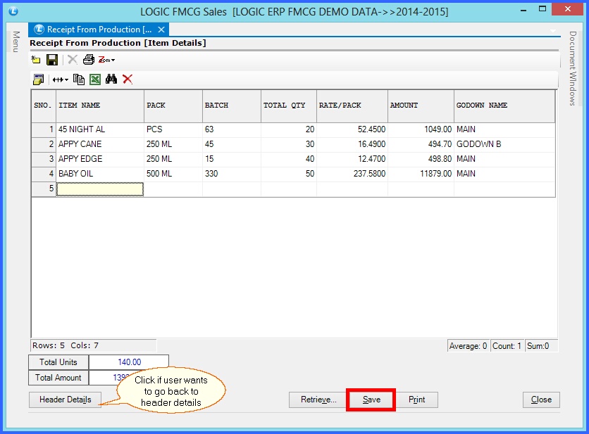 fmcg receipts register item details